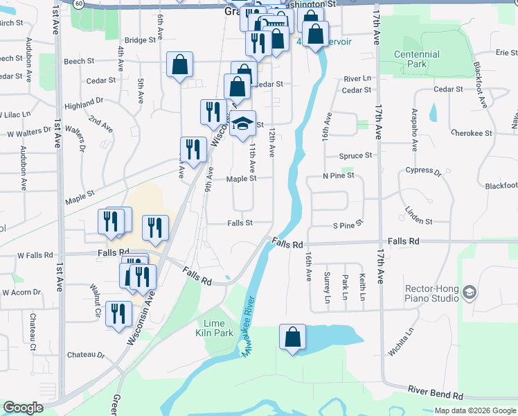 map of restaurants, bars, coffee shops, grocery stores, and more near 1742 11th Ave in Grafton