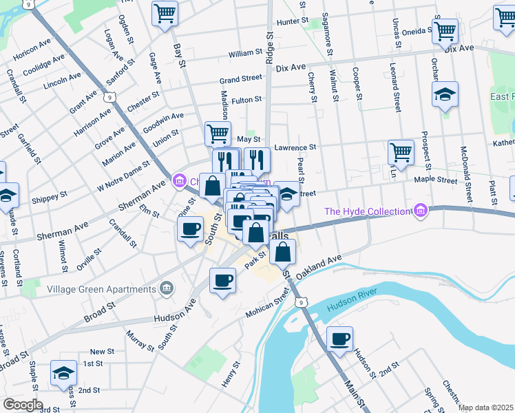 map of restaurants, bars, coffee shops, grocery stores, and more near 42 Ridge Street in Glens Falls