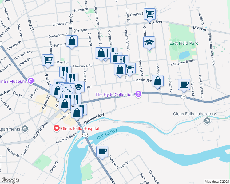 map of restaurants, bars, coffee shops, grocery stores, and more near 10 Oak Street in Glens Falls