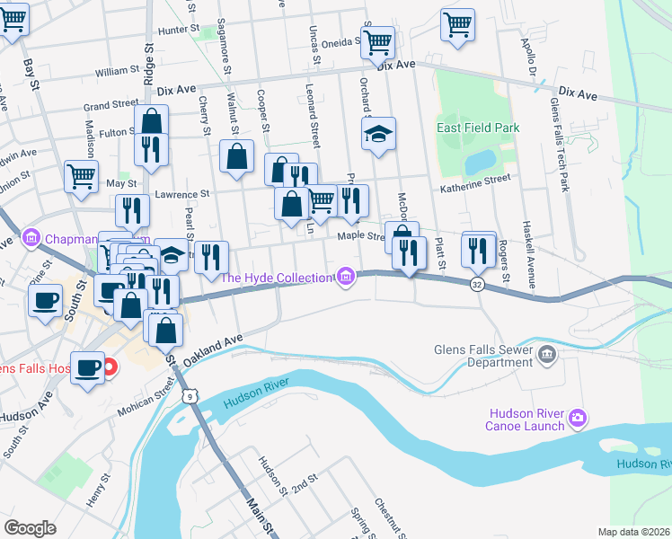 map of restaurants, bars, coffee shops, grocery stores, and more near 162 Warren Street in Glens Falls