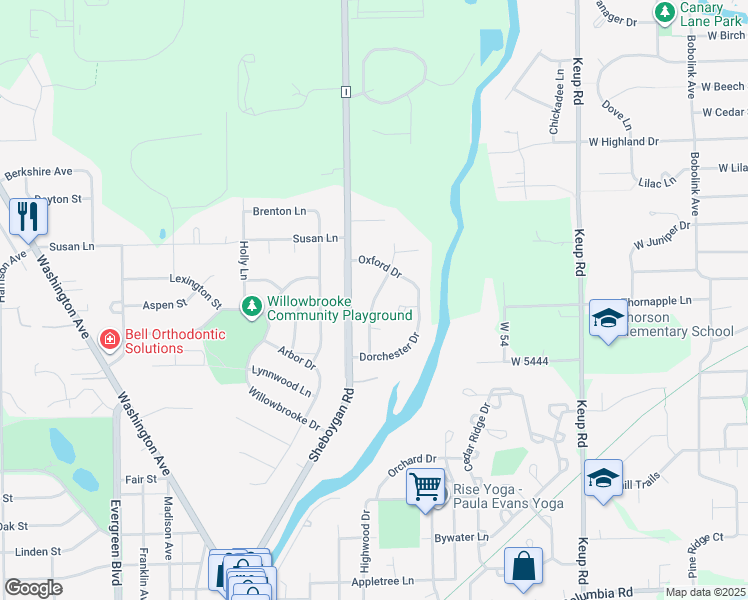 map of restaurants, bars, coffee shops, grocery stores, and more near Essex Drive in Cedarburg