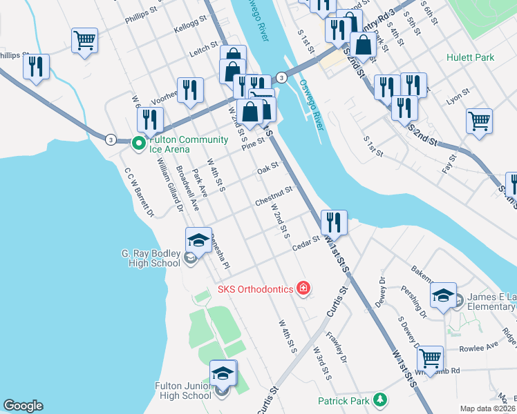 map of restaurants, bars, coffee shops, grocery stores, and more near 501 W 3rd St S in Fulton