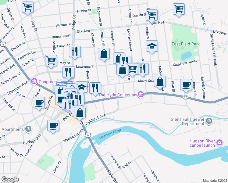 map of restaurants, bars, coffee shops, grocery stores, and more near 10 Oak Street in Glens Falls