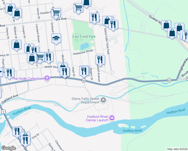 map of restaurants, bars, coffee shops, grocery stores, and more near 8 Rogers St in Glens Falls
