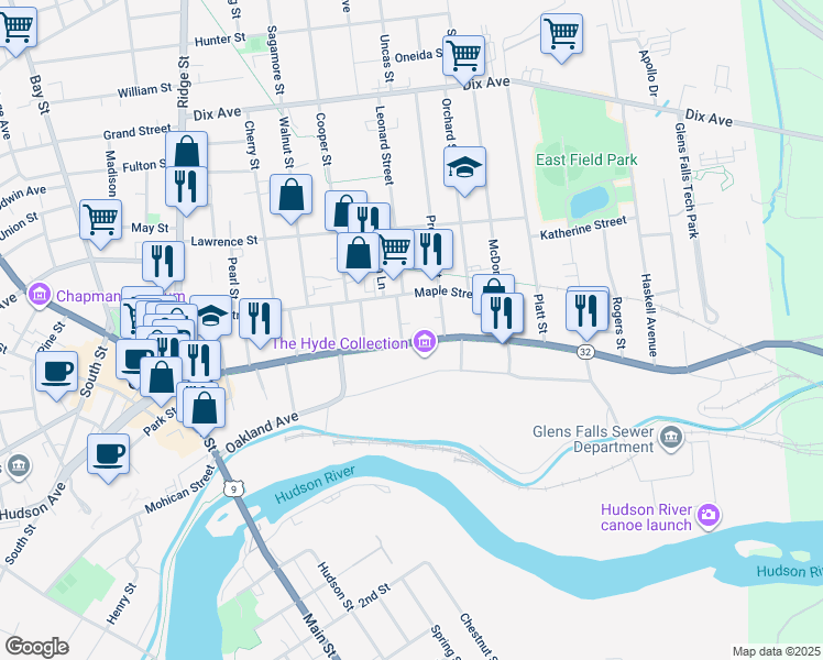 map of restaurants, bars, coffee shops, grocery stores, and more near 158-160 Warren Street in Glens Falls