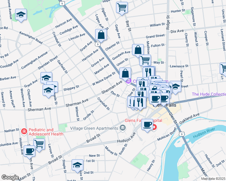 map of restaurants, bars, coffee shops, grocery stores, and more near 73 Elm Street in Glens Falls