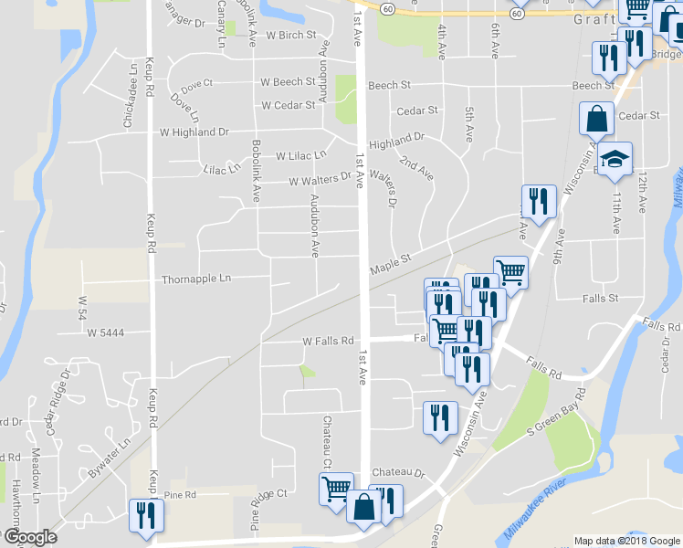 map of restaurants, bars, coffee shops, grocery stores, and more near 128 Audubon Court in Grafton