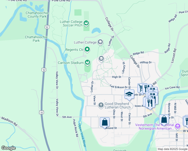 map of restaurants, bars, coffee shops, grocery stores, and more near 700 College Drive in Decorah