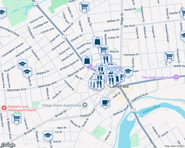 map of restaurants, bars, coffee shops, grocery stores, and more near 3 Pine St in Glens Falls