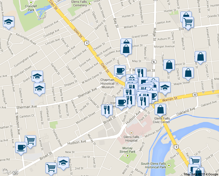map of restaurants, bars, coffee shops, grocery stores, and more near 11 Bacon Street in Glens Falls