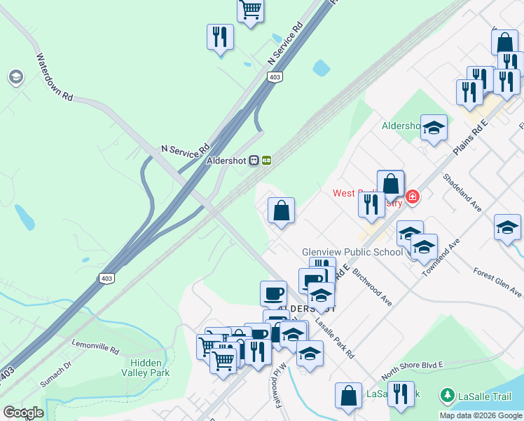 map of restaurants, bars, coffee shops, grocery stores, and more near 1127 Cooke Boulevard in Burlington
