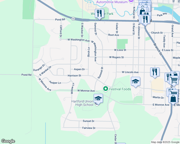 map of restaurants, bars, coffee shops, grocery stores, and more near 524 Birch Ln in Hartford