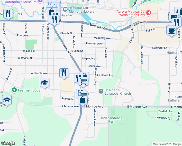 map of restaurants, bars, coffee shops, grocery stores, and more near 516 East Lincoln Avenue in Hartford