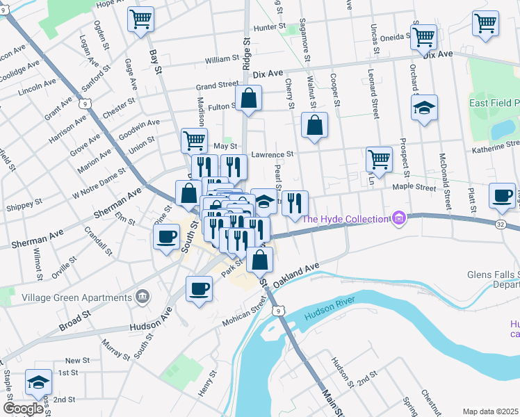 map of restaurants, bars, coffee shops, grocery stores, and more near 93 Maple Street in Glens Falls
