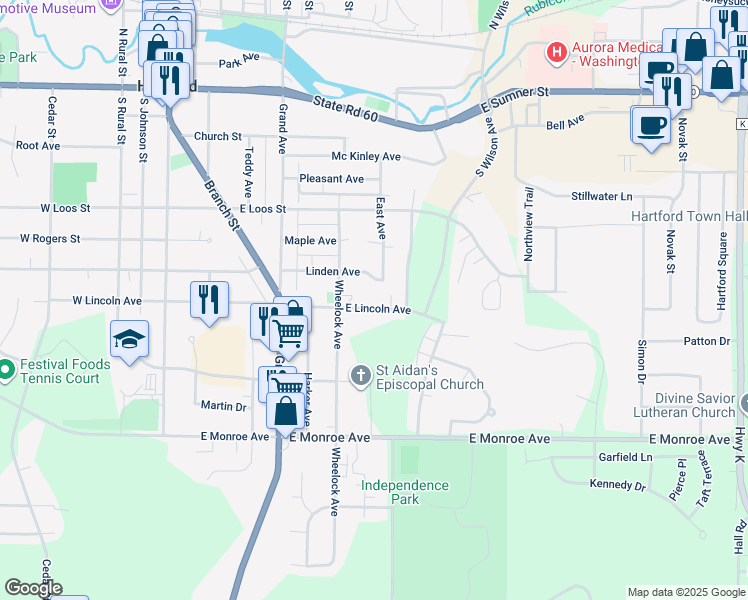 map of restaurants, bars, coffee shops, grocery stores, and more near 670 East Lincoln Avenue in Hartford