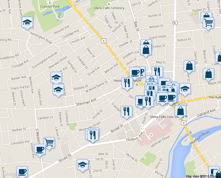 map of restaurants, bars, coffee shops, grocery stores, and more near 31 Sherman Ave in Glens Falls