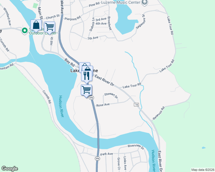 map of restaurants, bars, coffee shops, grocery stores, and more near 1005 E River Dr in Lake Luzerne