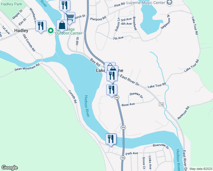 map of restaurants, bars, coffee shops, grocery stores, and more near 95 Lake Avenue in Lake Luzerne