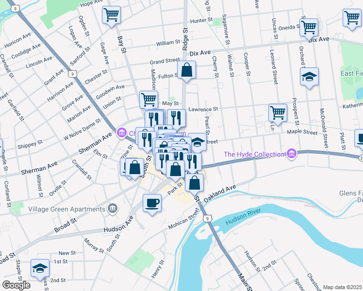 map of restaurants, bars, coffee shops, grocery stores, and more near 62 Ridge Street in Glens Falls