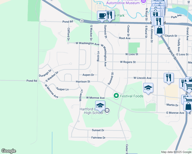 map of restaurants, bars, coffee shops, grocery stores, and more near 524 Birch Lane in Hartford