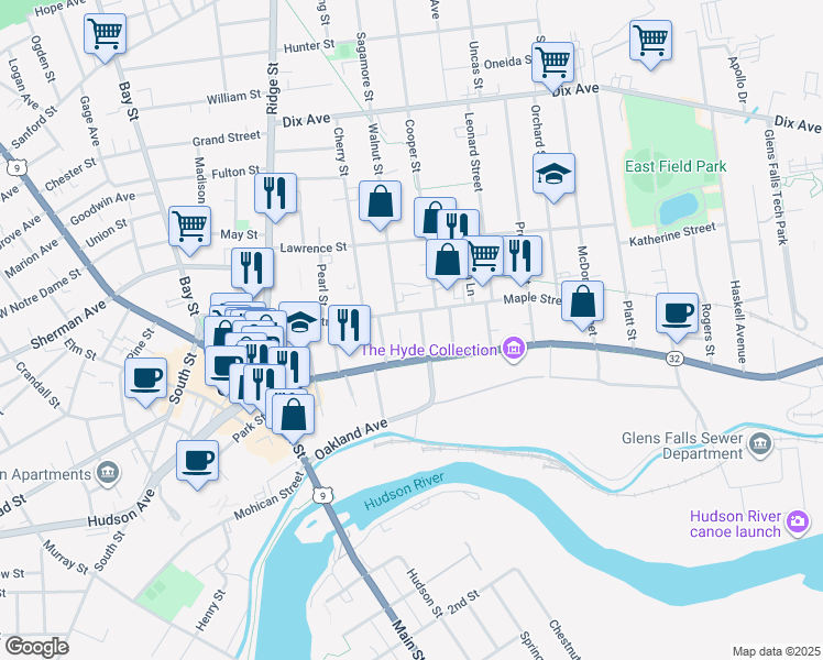 map of restaurants, bars, coffee shops, grocery stores, and more near 10 Oak Street in Glens Falls