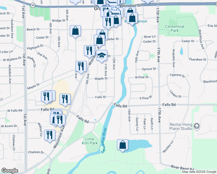 map of restaurants, bars, coffee shops, grocery stores, and more near 1742 11th Avenue in Grafton