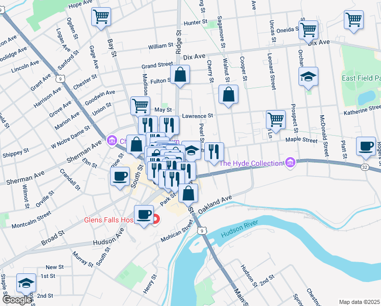 map of restaurants, bars, coffee shops, grocery stores, and more near 93 Maple Street in Glens Falls