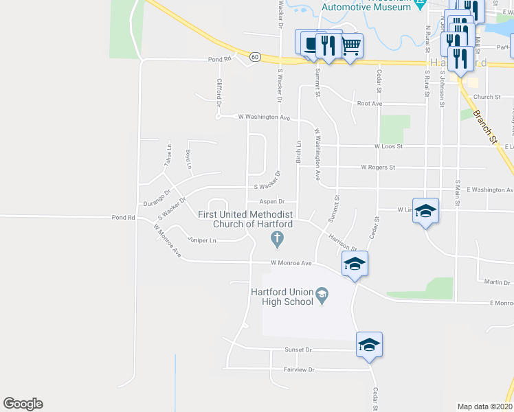 map of restaurants, bars, coffee shops, grocery stores, and more near 809 Aspen Drive in Hartford