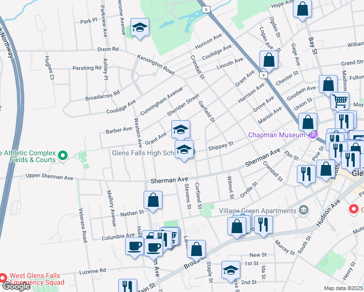 map of restaurants, bars, coffee shops, grocery stores, and more near 20 Quade Street in Glens Falls
