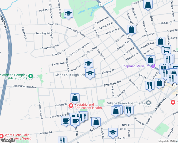 map of restaurants, bars, coffee shops, grocery stores, and more near 20 Quade Street in Glens Falls