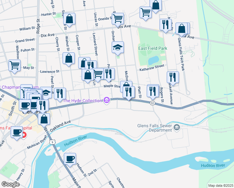 map of restaurants, bars, coffee shops, grocery stores, and more near 178 Warren Street in Glens Falls