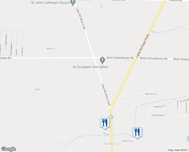 map of restaurants, bars, coffee shops, grocery stores, and more near 1395 Lake Road West Fork in Hamlin
