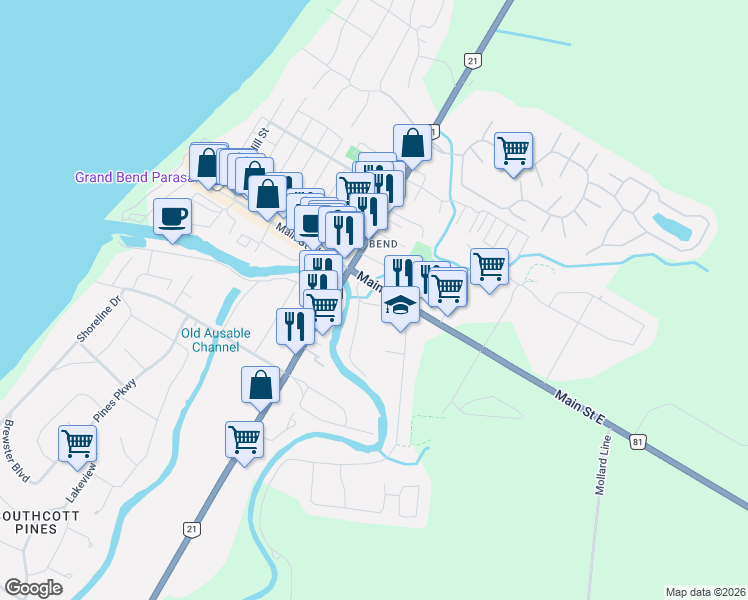 map of restaurants, bars, coffee shops, grocery stores, and more near 19 81 Crescent Street in Grand Bend