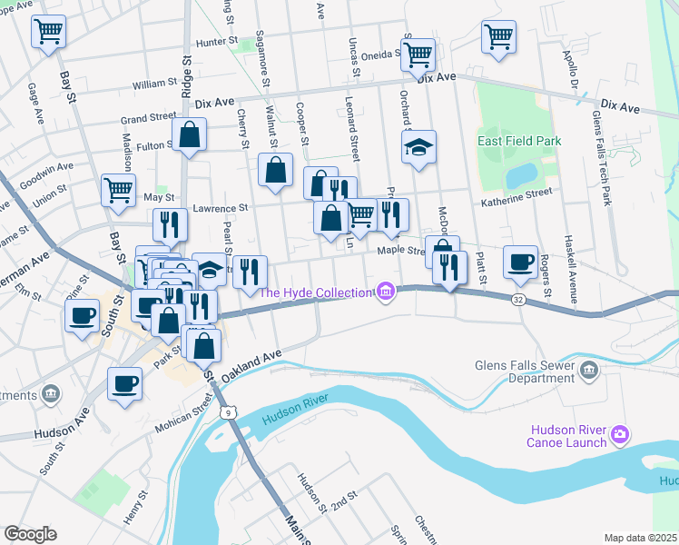 map of restaurants, bars, coffee shops, grocery stores, and more near 142 Warren Street in Glens Falls