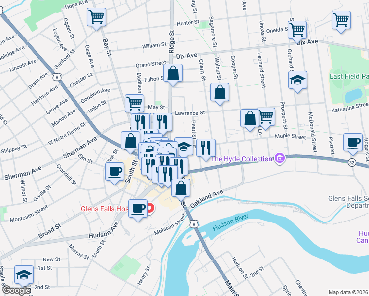 map of restaurants, bars, coffee shops, grocery stores, and more near 93 Maple Street in Glens Falls