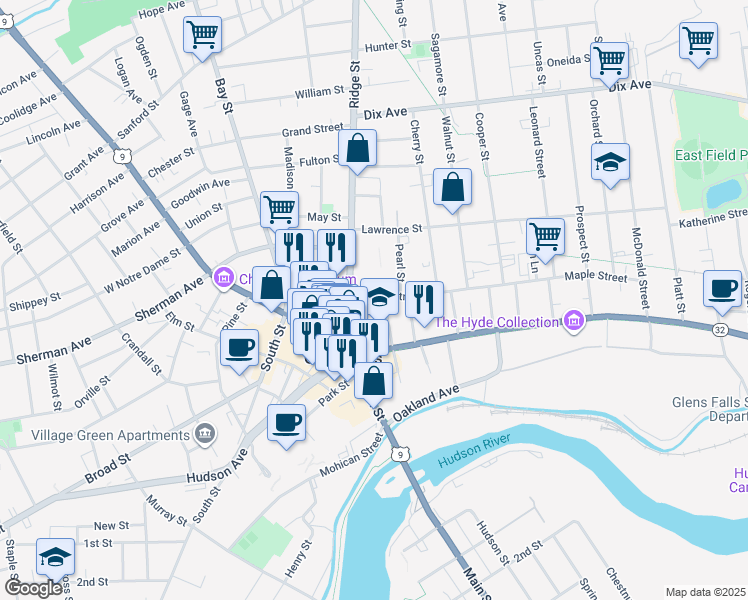 map of restaurants, bars, coffee shops, grocery stores, and more near 93 Maple Street in Glens Falls