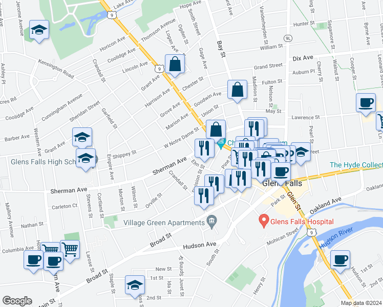 map of restaurants, bars, coffee shops, grocery stores, and more near 73 Elm Street in Glens Falls