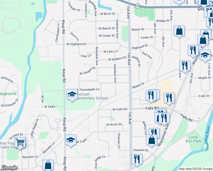 map of restaurants, bars, coffee shops, grocery stores, and more near 1800 Bobolink Avenue in Grafton