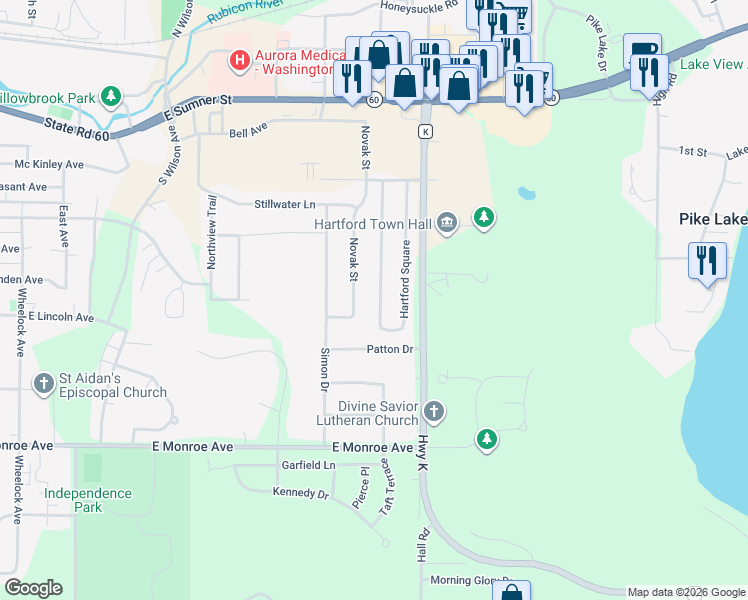 map of restaurants, bars, coffee shops, grocery stores, and more near 510 Hartford Square in Hartford