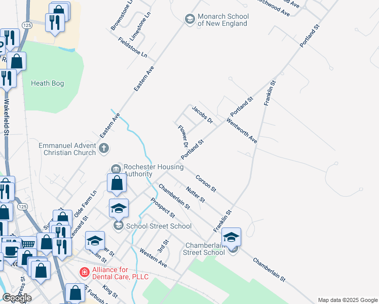 map of restaurants, bars, coffee shops, grocery stores, and more near 459 Portland Street in Rochester
