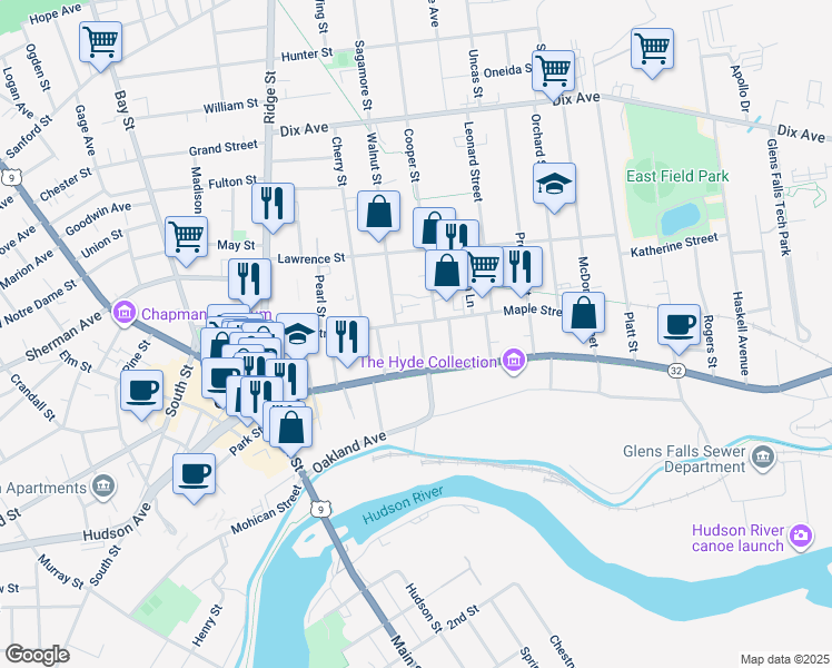 map of restaurants, bars, coffee shops, grocery stores, and more near 10 Oak Street in Glens Falls