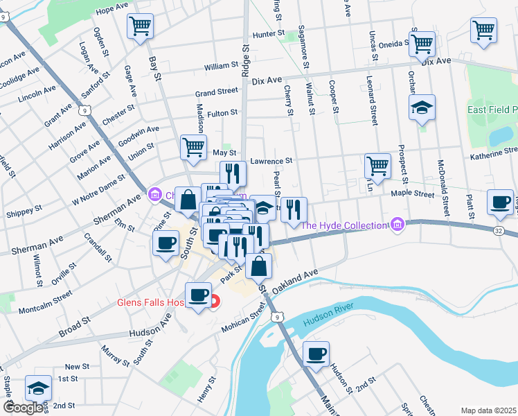 map of restaurants, bars, coffee shops, grocery stores, and more near 93 Maple Street in Glens Falls