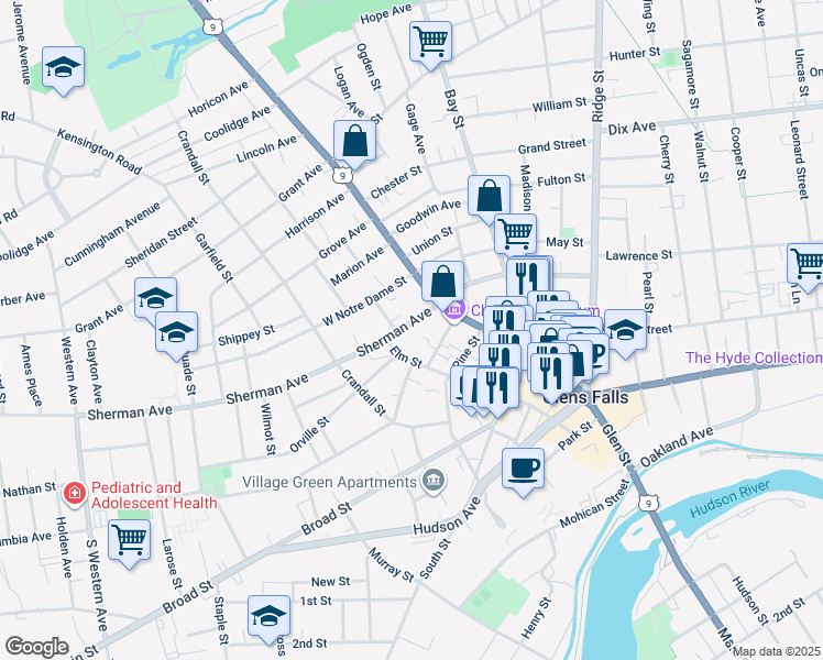 map of restaurants, bars, coffee shops, grocery stores, and more near 73 Elm Street in Glens Falls