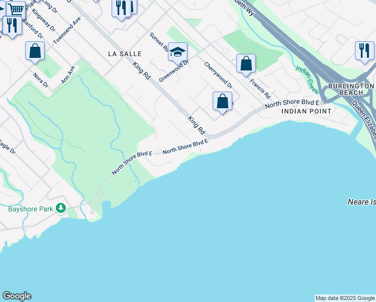 map of restaurants, bars, coffee shops, grocery stores, and more near 572 North Shore Boulevard East in Burlington