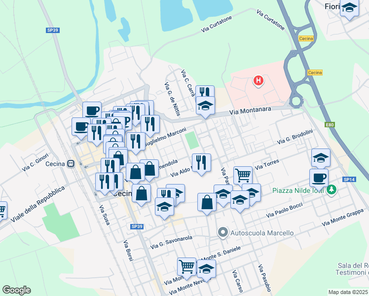 map of restaurants, bars, coffee shops, grocery stores, and more near 67 Via Giovanni Amendola in Cecina