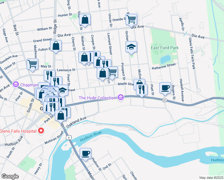 map of restaurants, bars, coffee shops, grocery stores, and more near 12 Keenan Street in Glens Falls