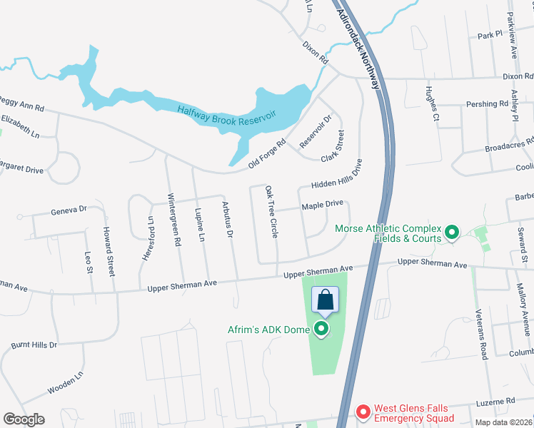 map of restaurants, bars, coffee shops, grocery stores, and more near 36 Oak Tree Circle in Queensbury