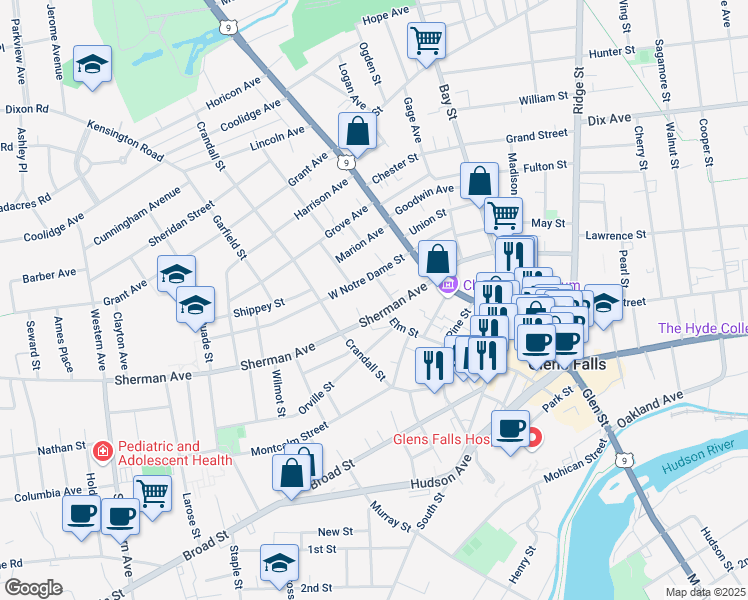 map of restaurants, bars, coffee shops, grocery stores, and more near 31 Sherman Avenue in Glens Falls