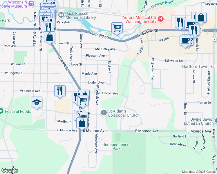 map of restaurants, bars, coffee shops, grocery stores, and more near 670 East Lincoln Avenue in Hartford
