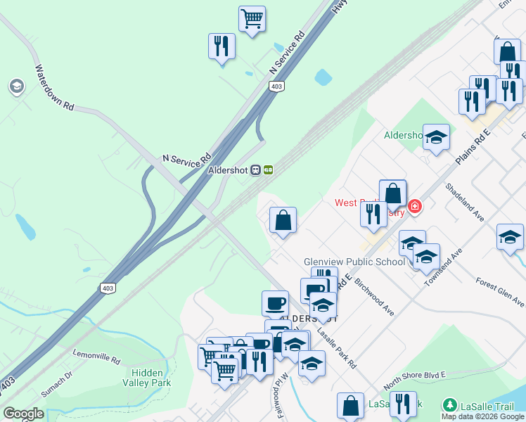 map of restaurants, bars, coffee shops, grocery stores, and more near 1137 Cooke Boulevard in Burlington